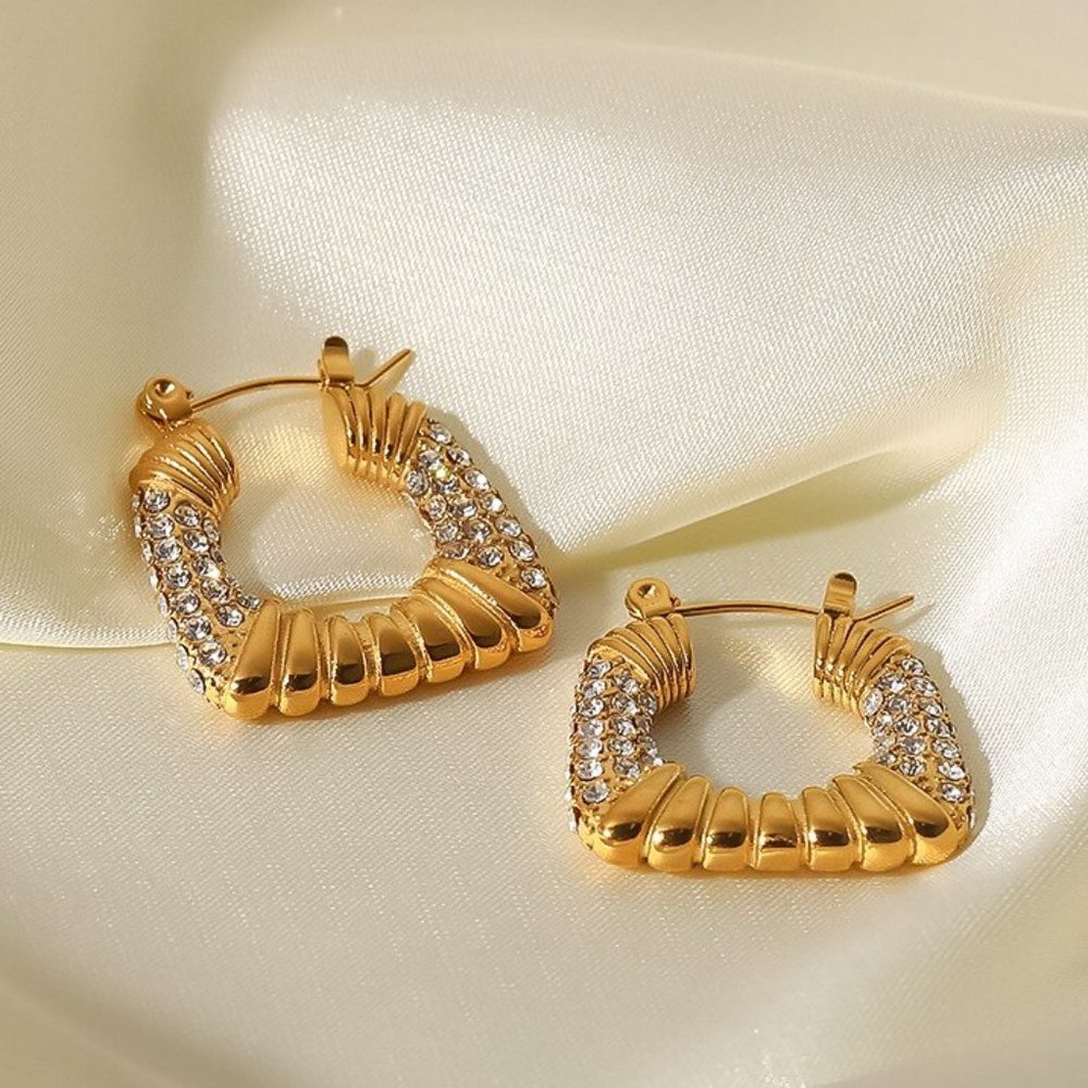 Zircon Chunky Square 18K Gold Plated Hoop Earrings Stainless Steel - Picture 6 of 13